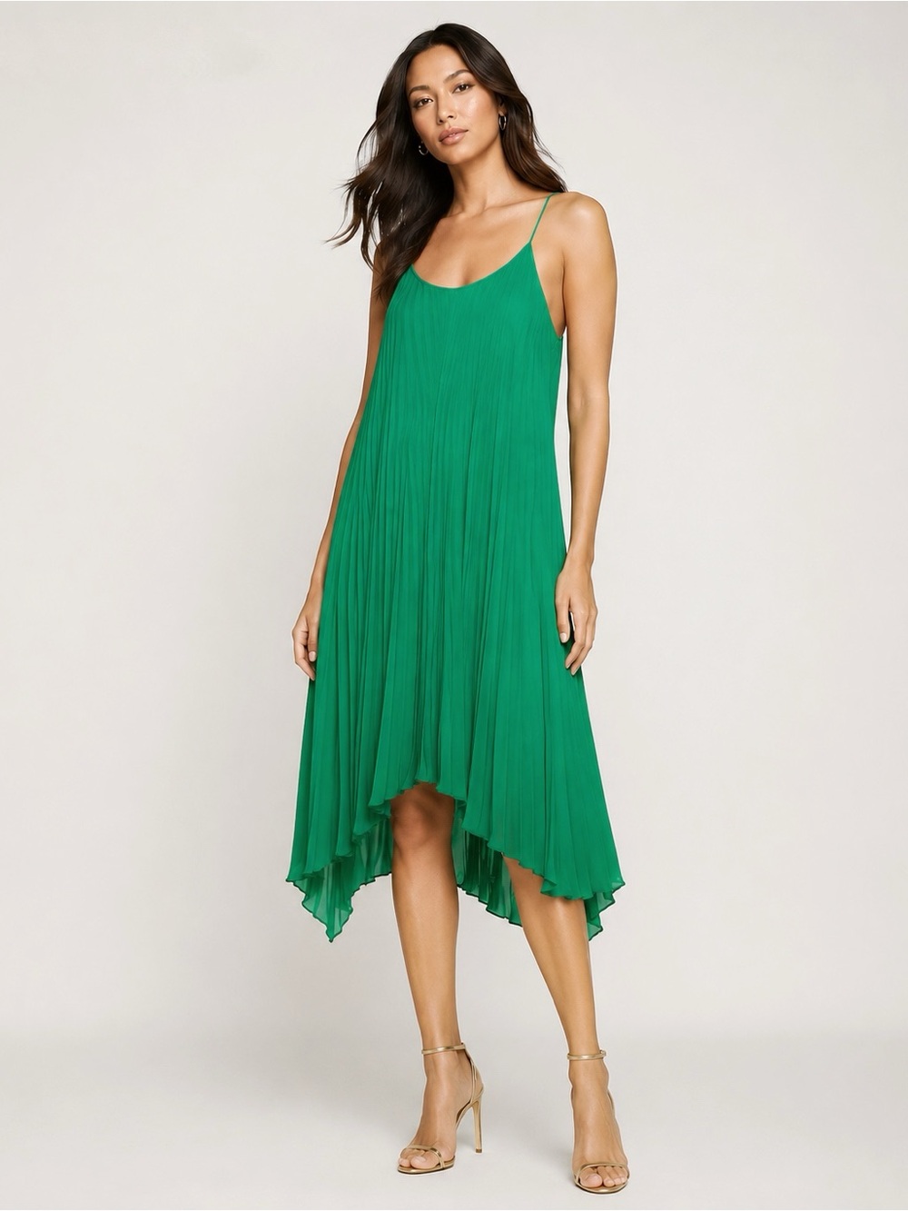 BCBGMaxAzria Women Green Pleated Chiffon Flowy Relax Spaghetti Strap Dress SMALL